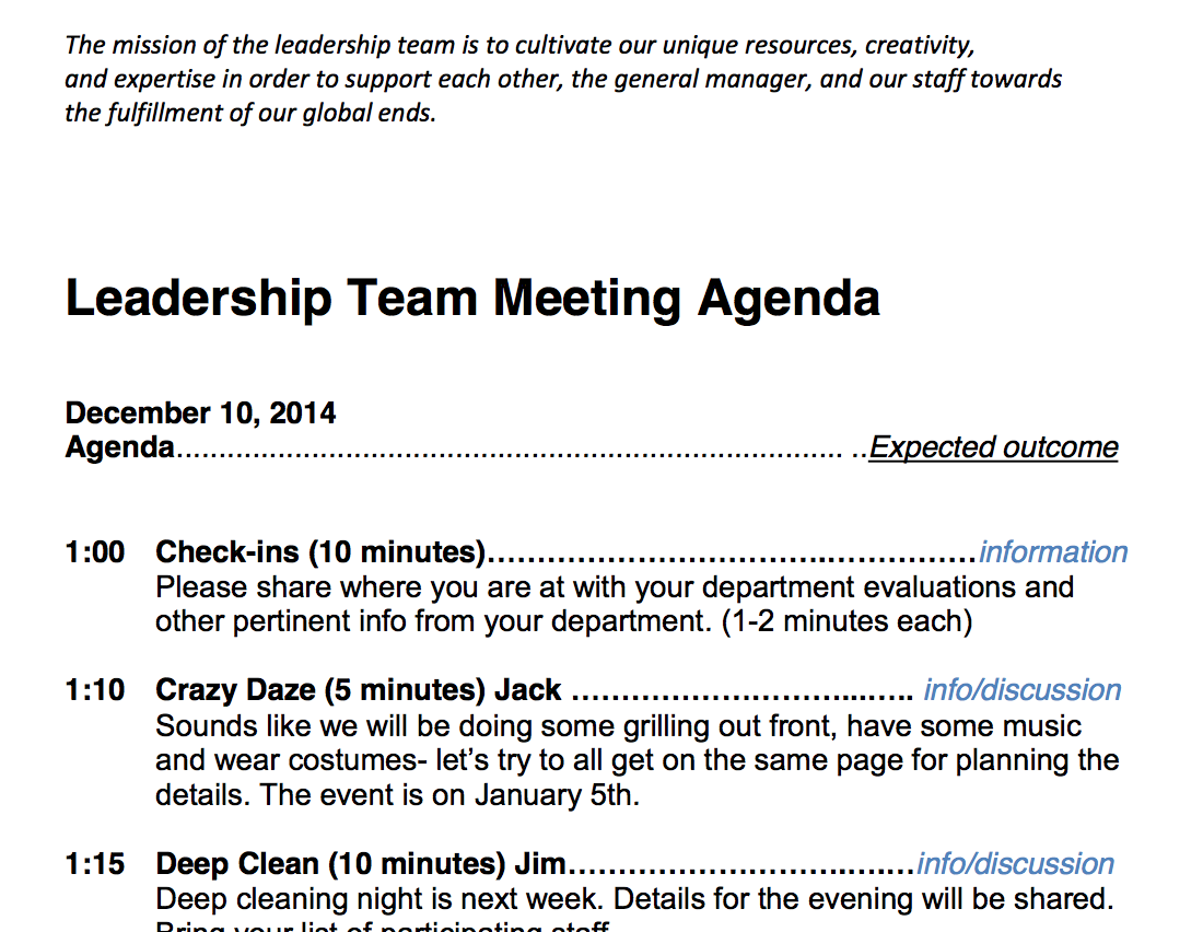 Team Meeting Agenda Sample Columinate